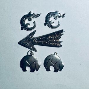 Vintage Petroglyph Sterling Silver Pin and 2 Navajo Bear and Lizard Pendants